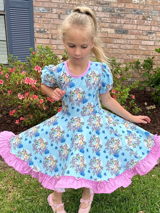 Floral Butterfly Blue Dog Twirl Dress
