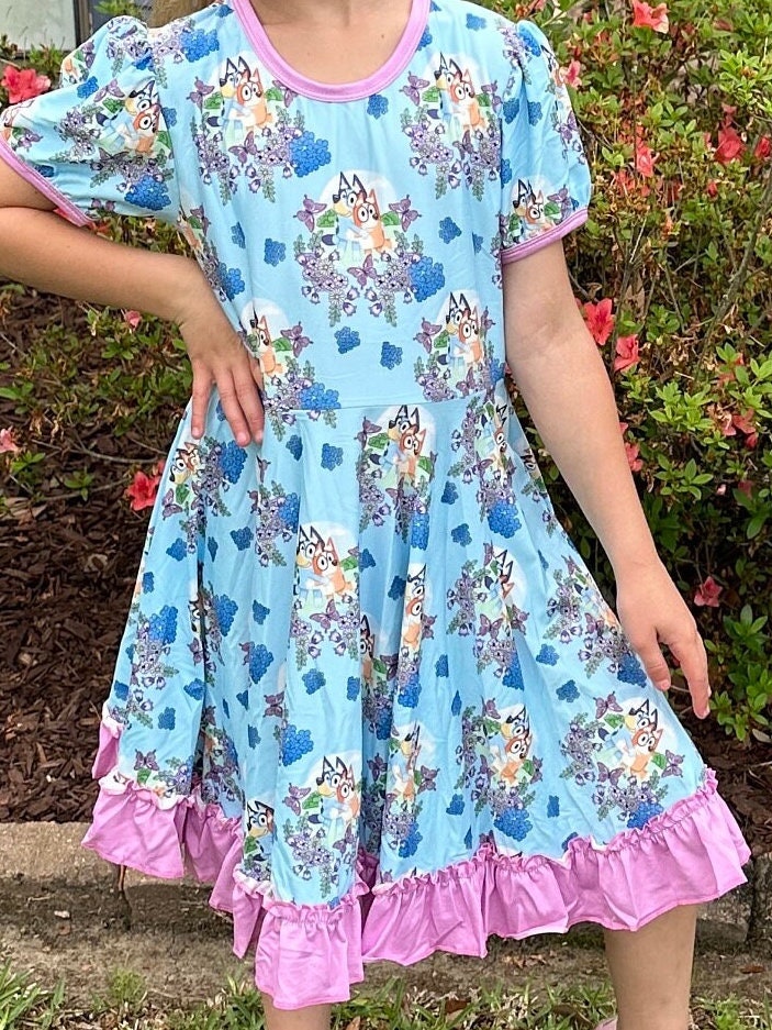 Floral Butterfly Blue Dog Twirl Dress