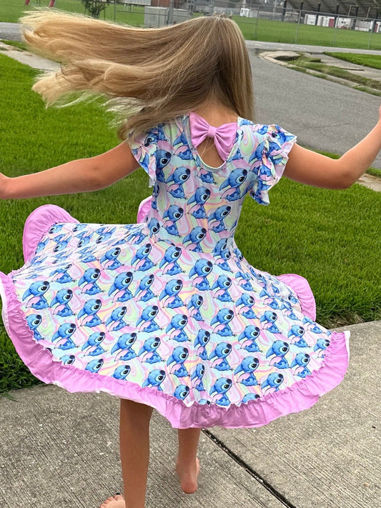 Pastel Blue Alien Bow Back Twirl Dress