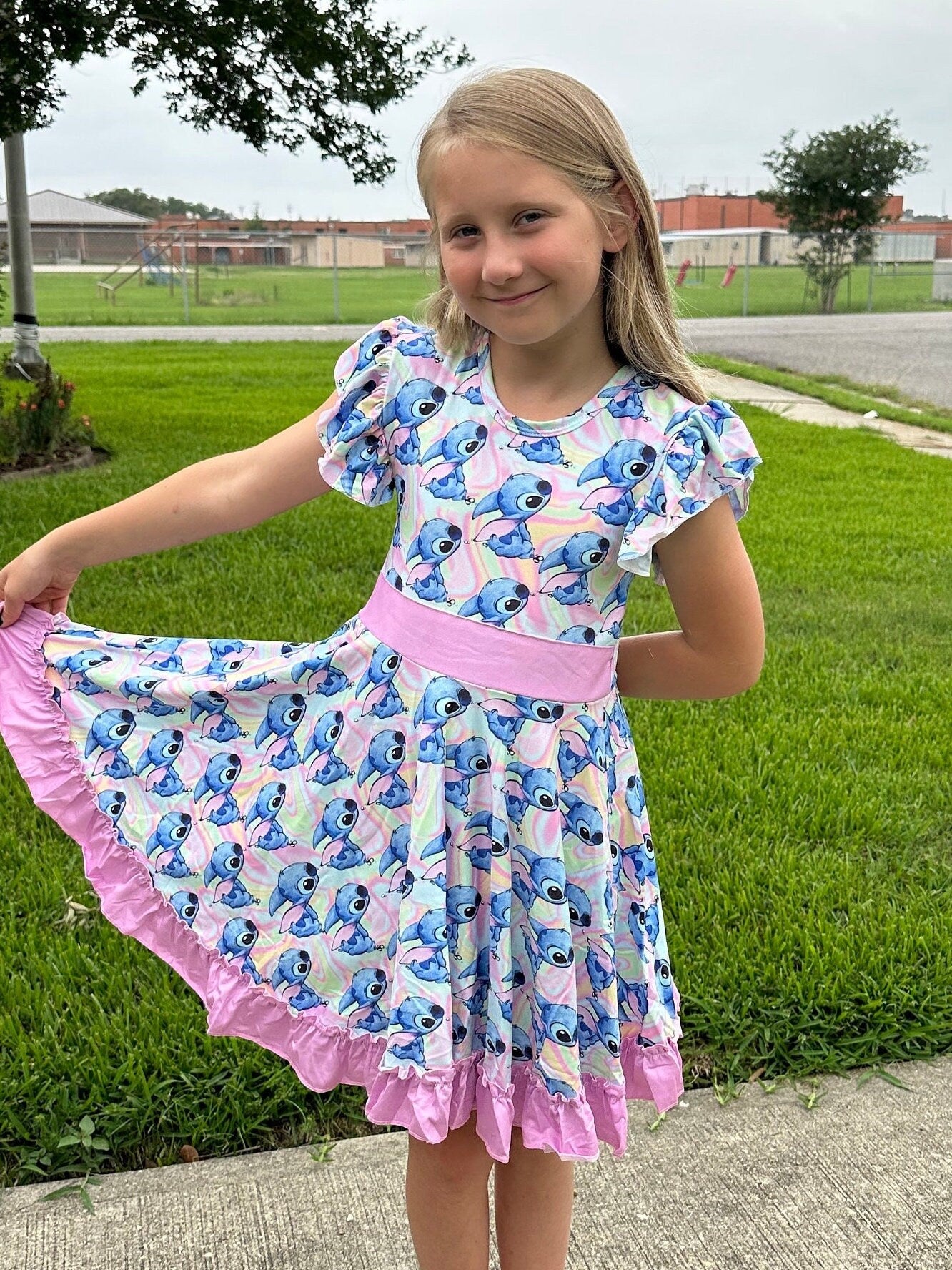 Pastel Blue Alien Bow Back Twirl Dress