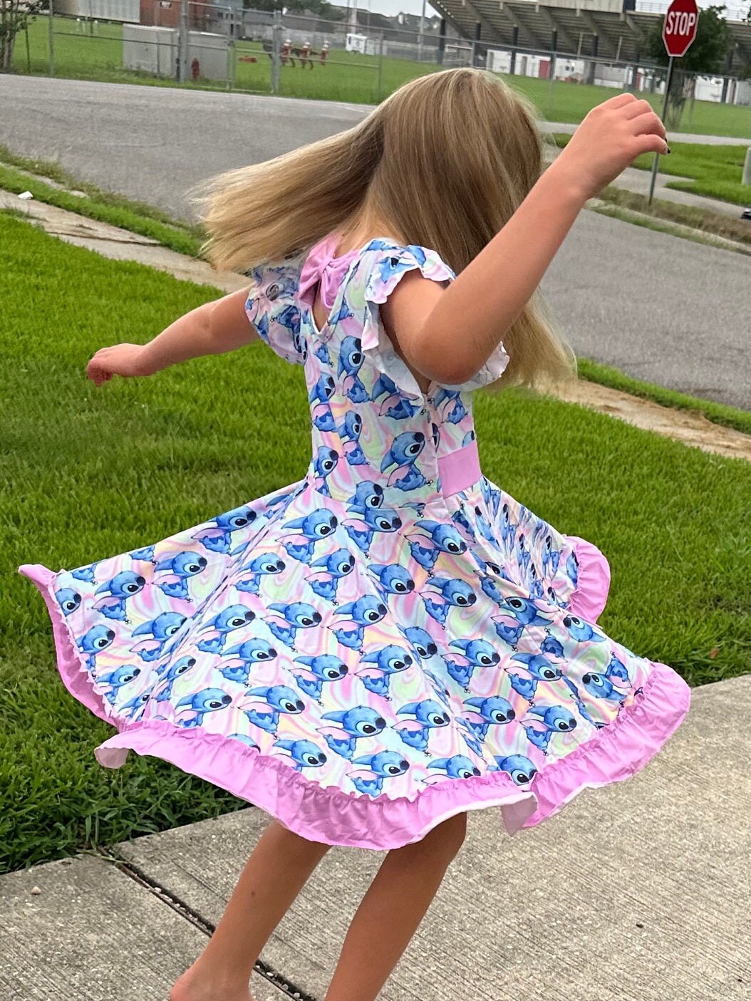 Pastel Blue Alien Bow Back Twirl Dress