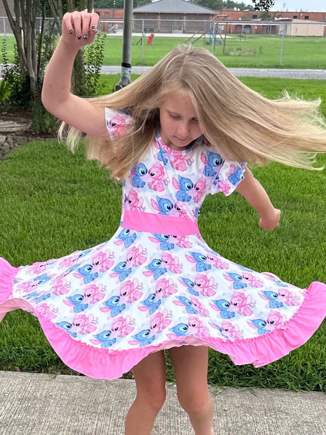 Blue and Pink Alien Bow Back Twirl Dress