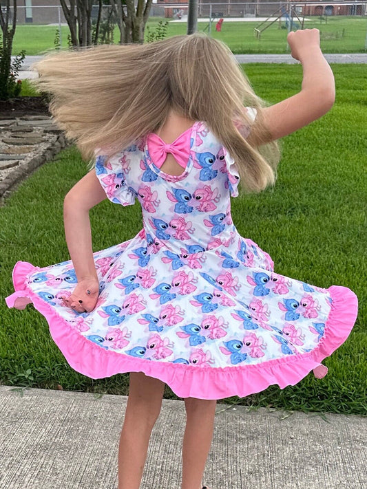 Blue and Pink Alien Bow Back Twirl Dress