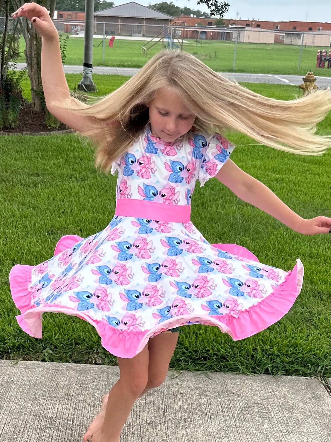 Blue and Pink Alien Bow Back Twirl Dress