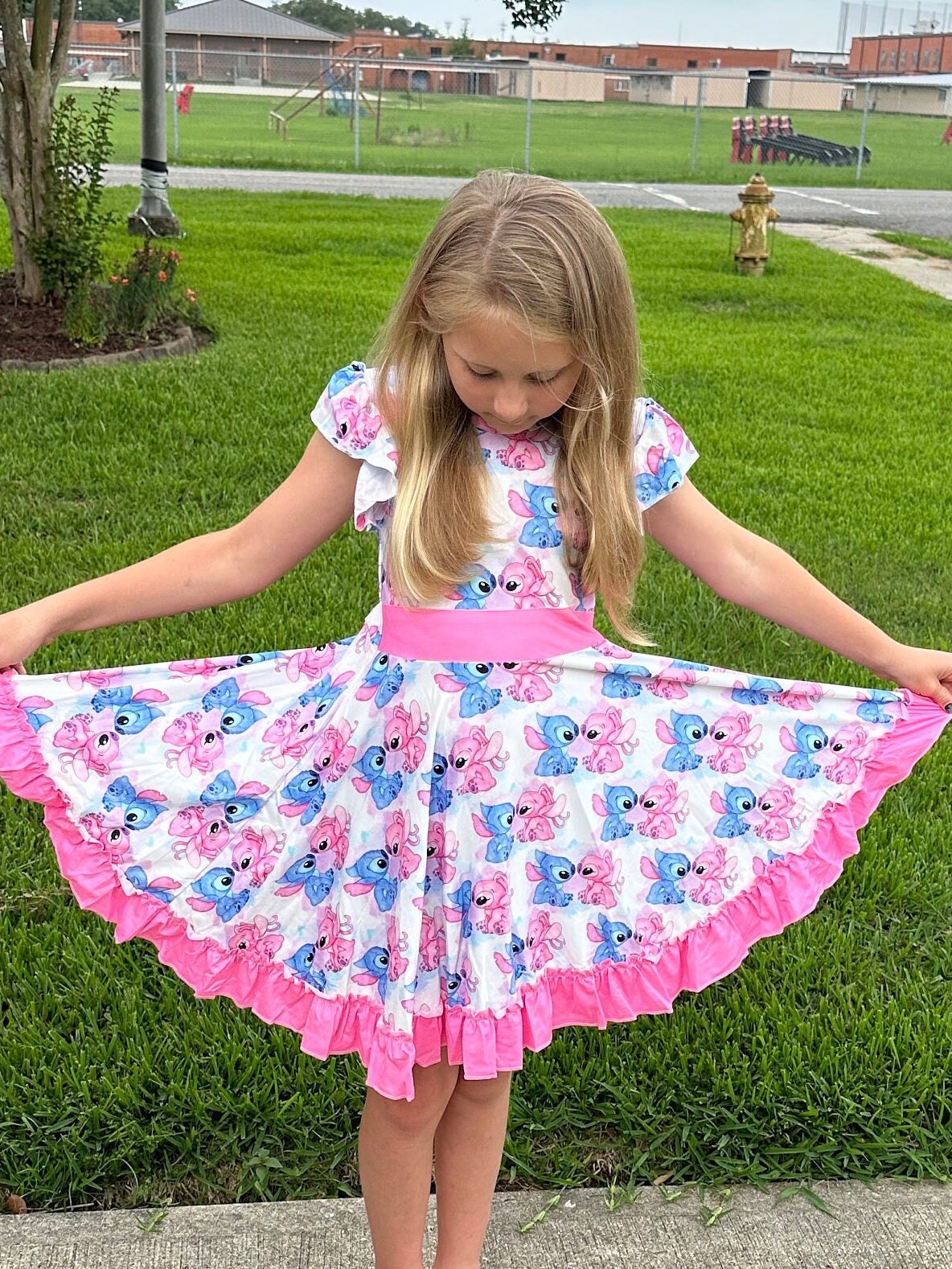 Blue and Pink Alien Bow Back Twirl Dress