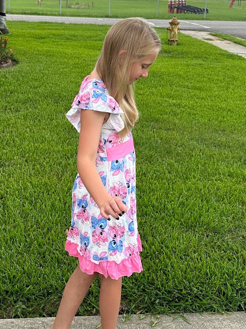 Blue and Pink Alien Bow Back Twirl Dress