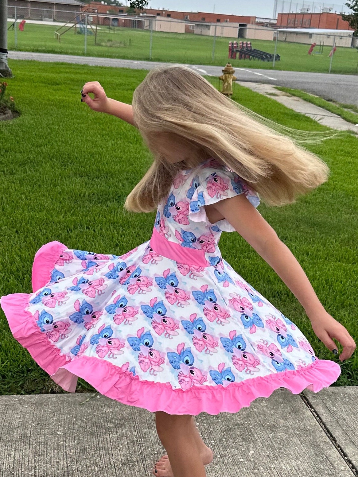 Blue and Pink Alien Bow Back Twirl Dress