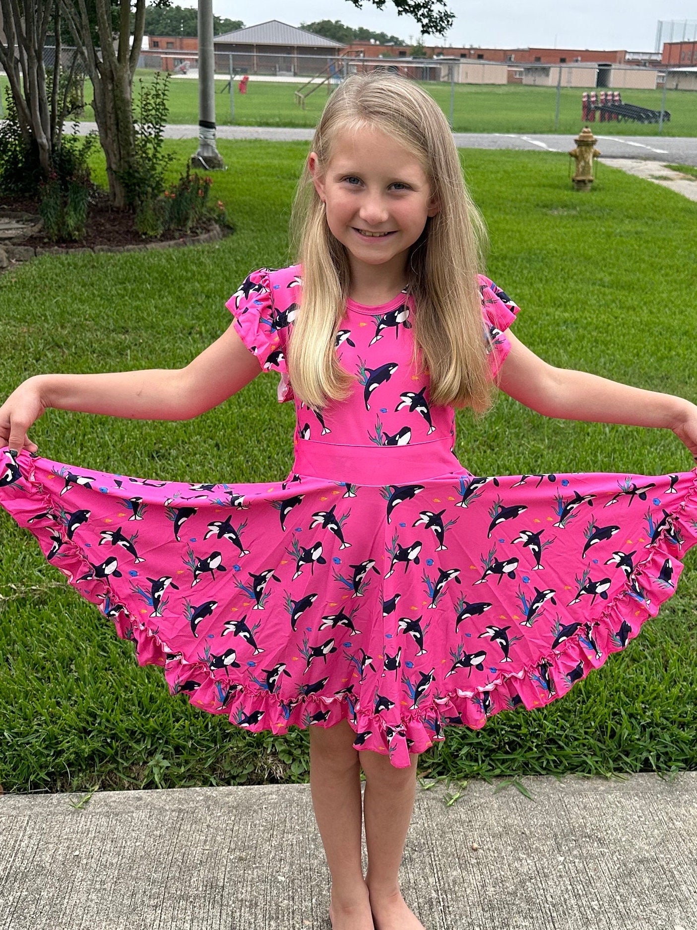 Pink Whales Bow Back Twirl Dress
