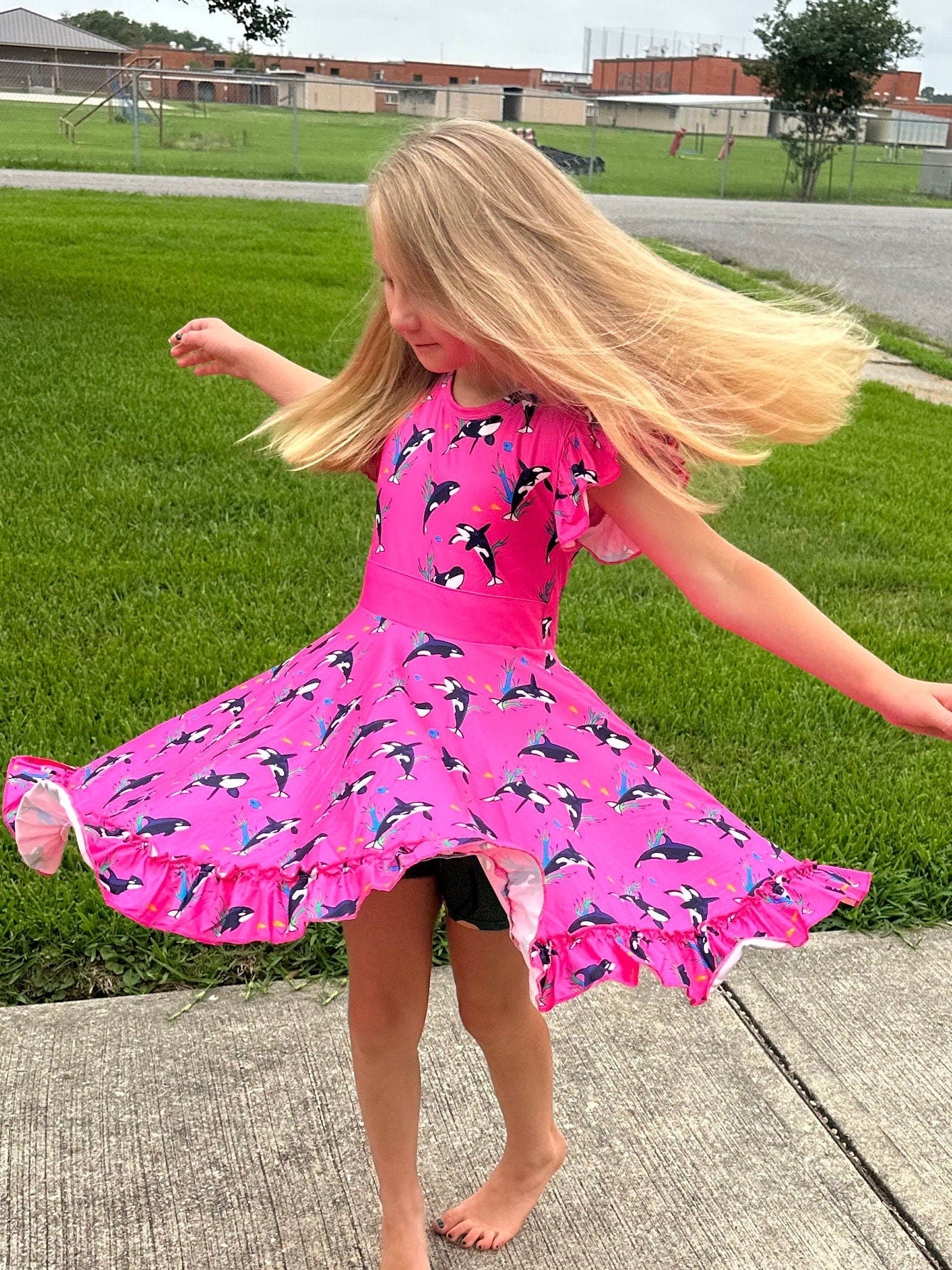 Pink Whales Bow Back Twirl Dress