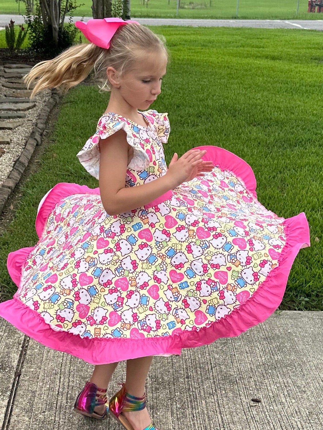 Kawaii Cat and Bear Bow Back Twirl Dress