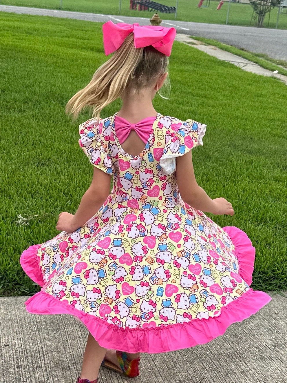 Kawaii Cat and Bear Bow Back Twirl Dress