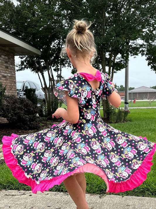 Kawaii Cat Pink Doll Bow Back Twirl Dress