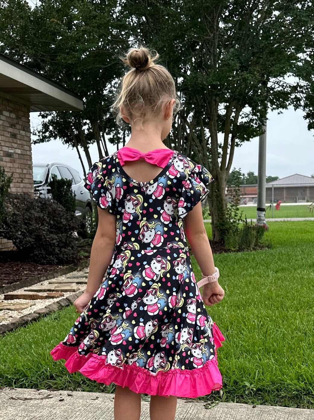 Kawaii Cat Pink Doll Bow Back Twirl Dress