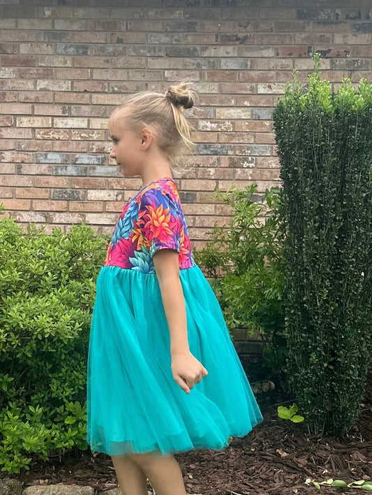 Teal Floral Tulle Twirl Dress