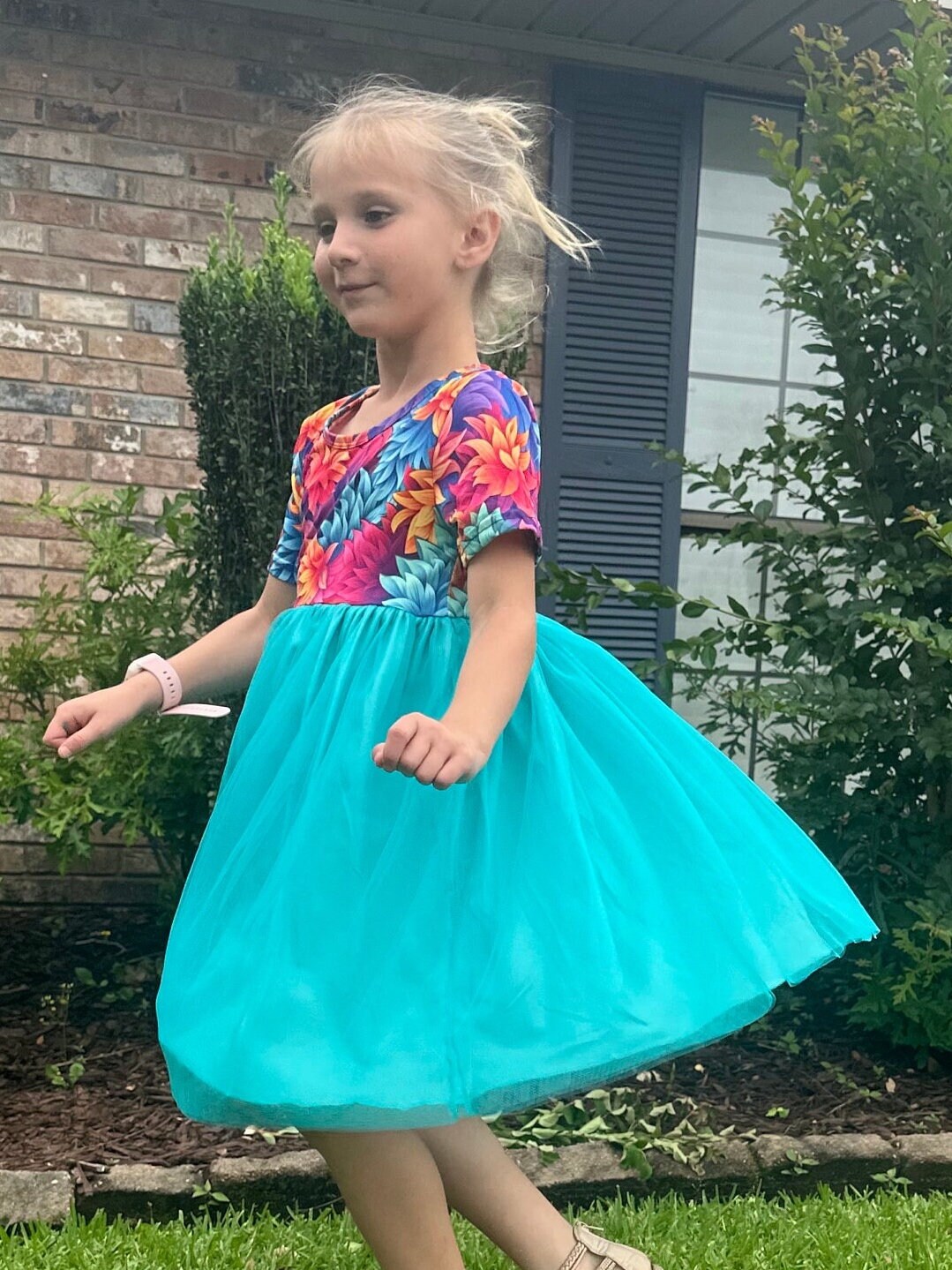 Teal Floral Tulle Twirl Dress