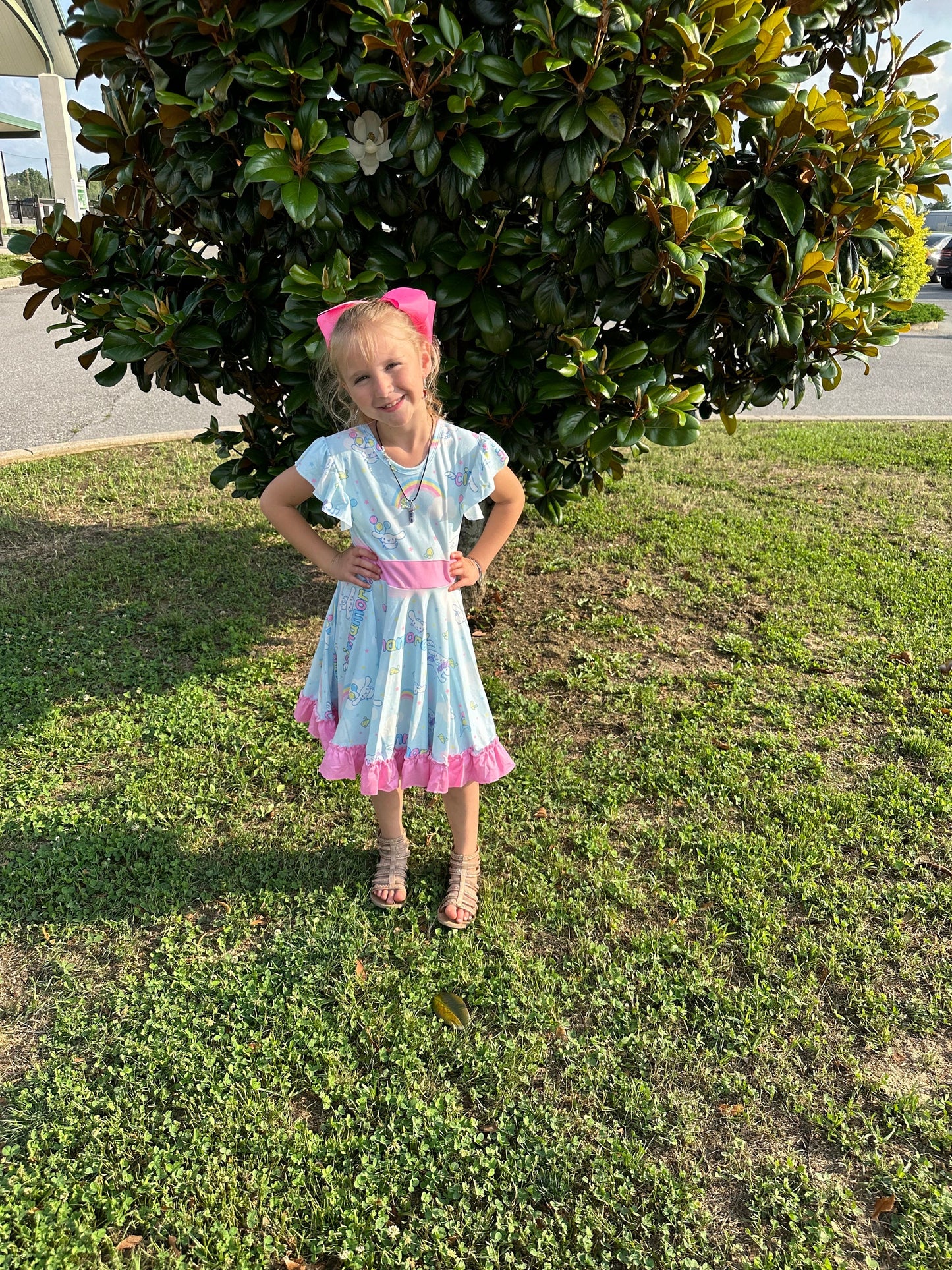 Kawaii White Puppy and Rainbows Bow Back Twirl Dress