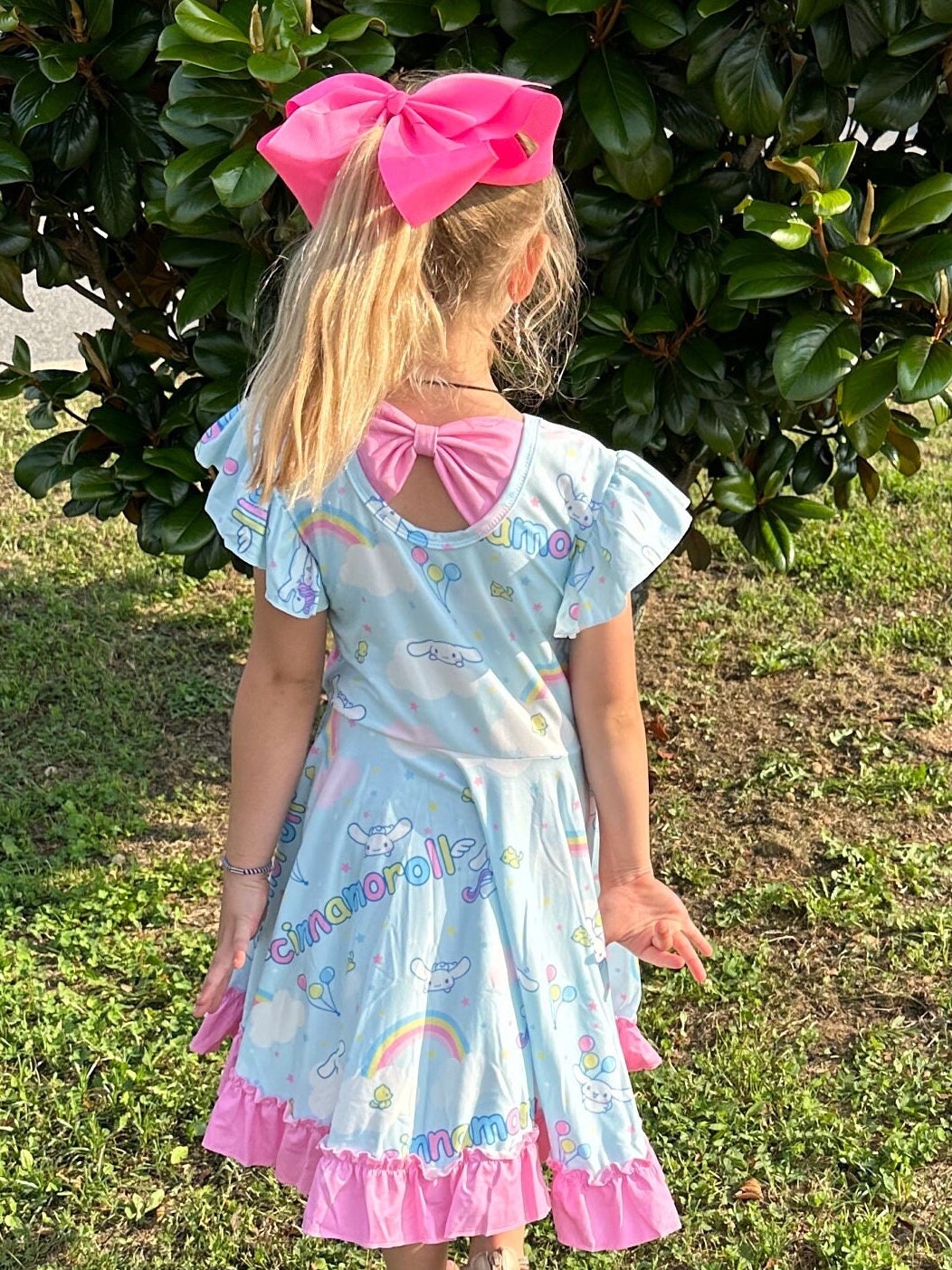 Kawaii White Puppy and Rainbows Bow Back Twirl Dress