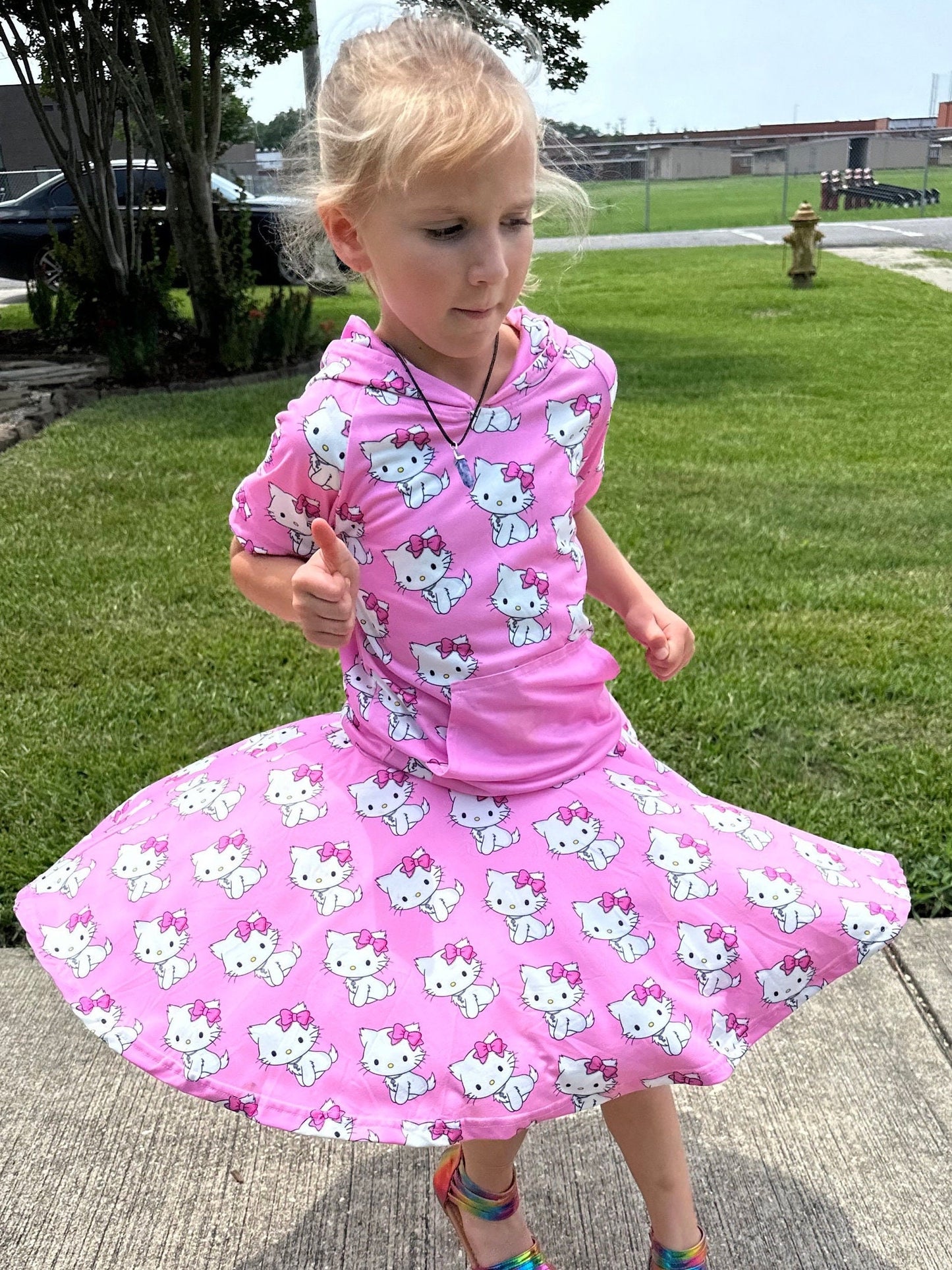 White Kawaii Kitty Twirl Skort Set
