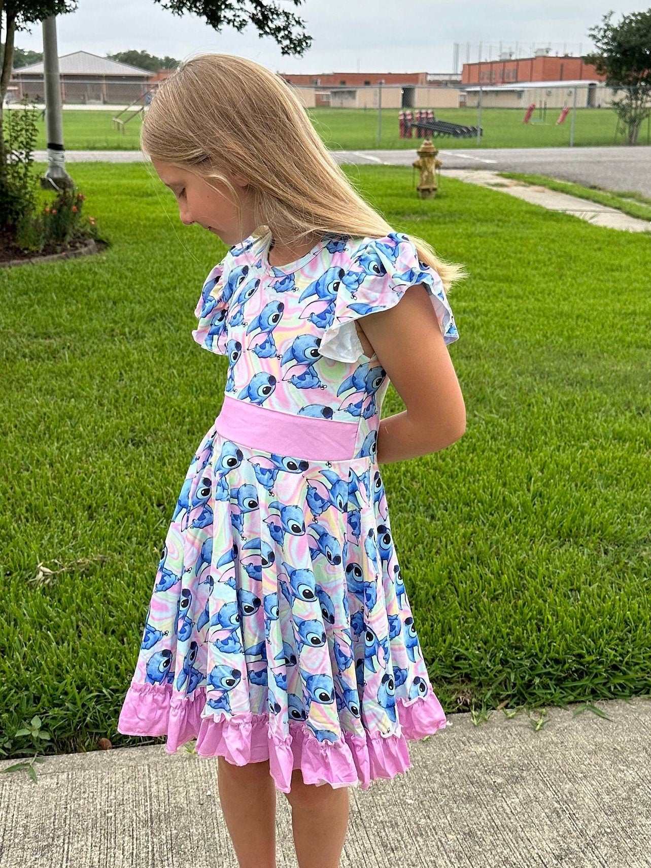 Pastel Blue Alien Bow Back Twirl Dress