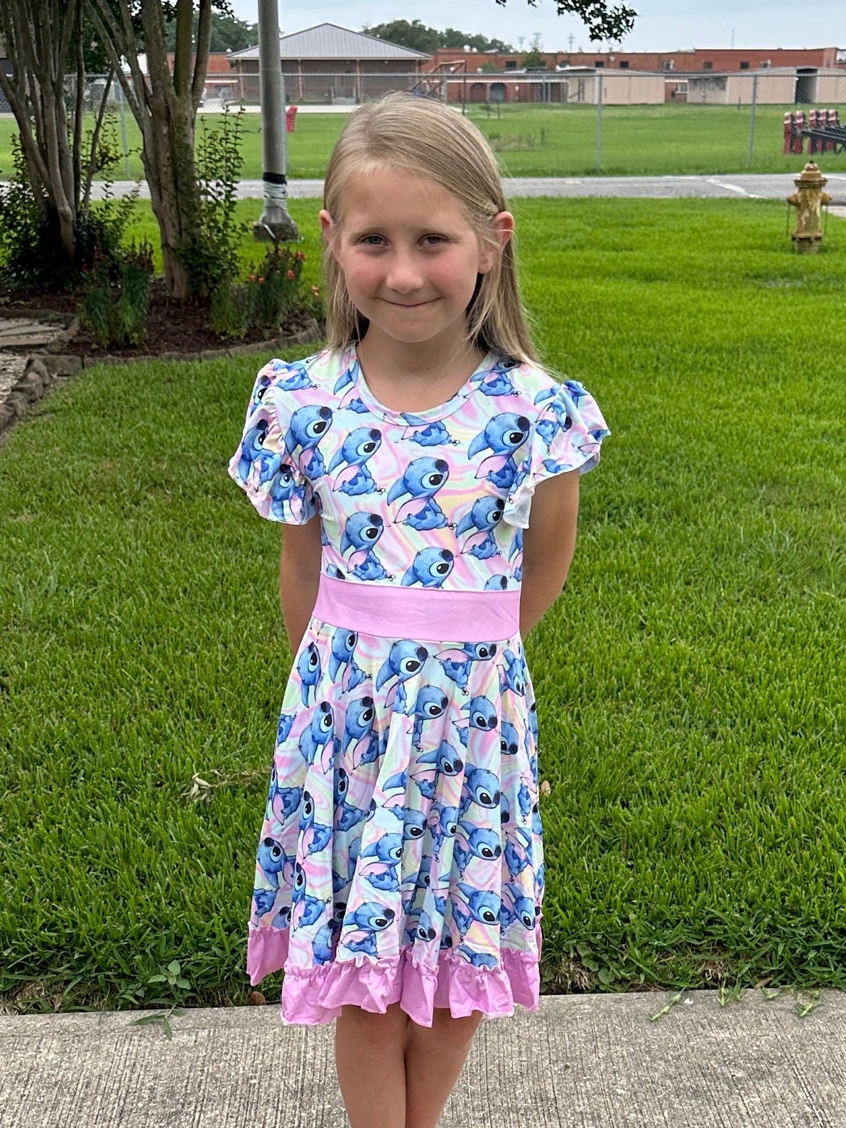 Pastel Blue Alien Bow Back Twirl Dress