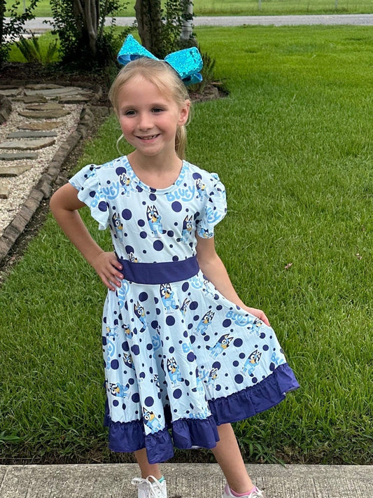 Blue Dog Bow Back Twirl Dress With Shorts