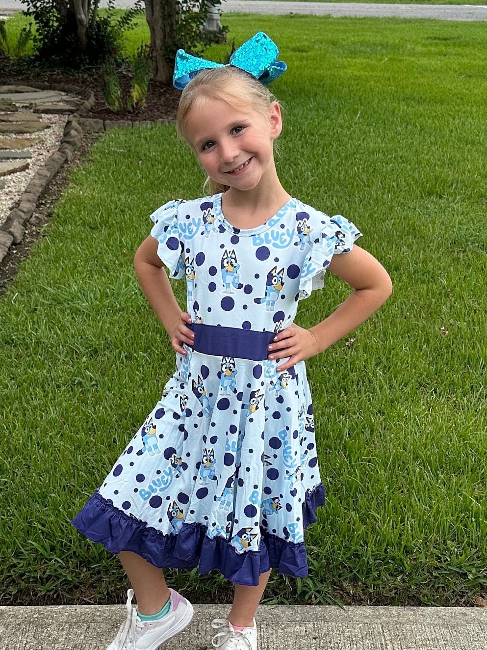 Blue Dog Bow Back Twirl Dress With Shorts