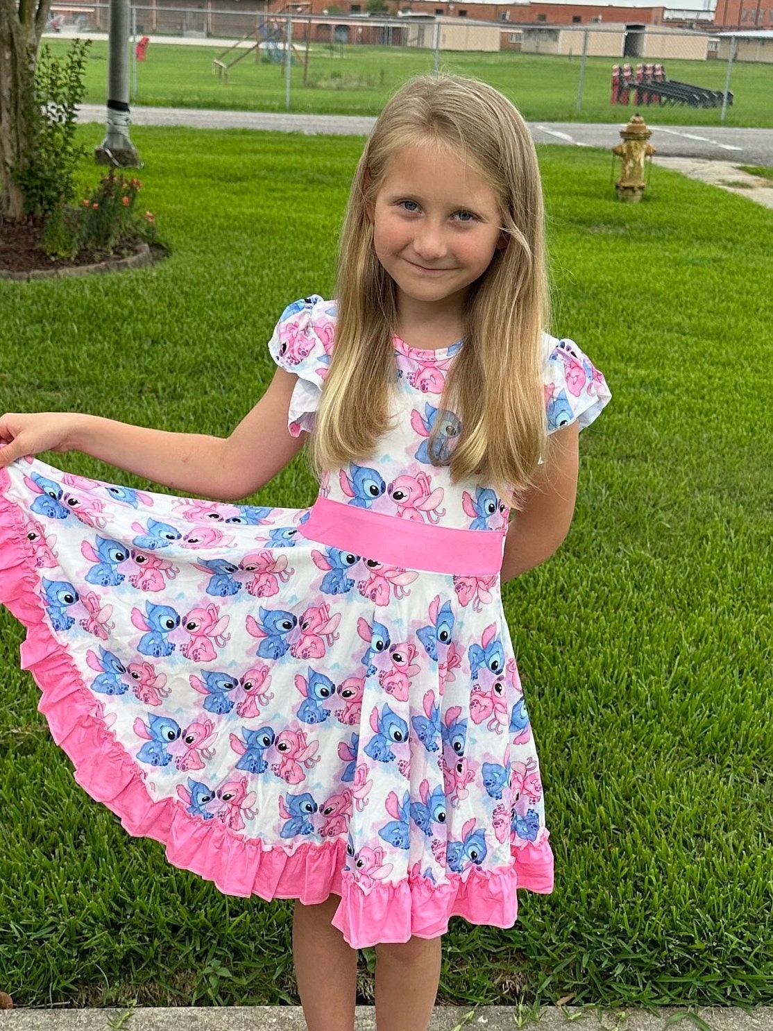Blue and Pink Alien Bow Back Twirl Dress