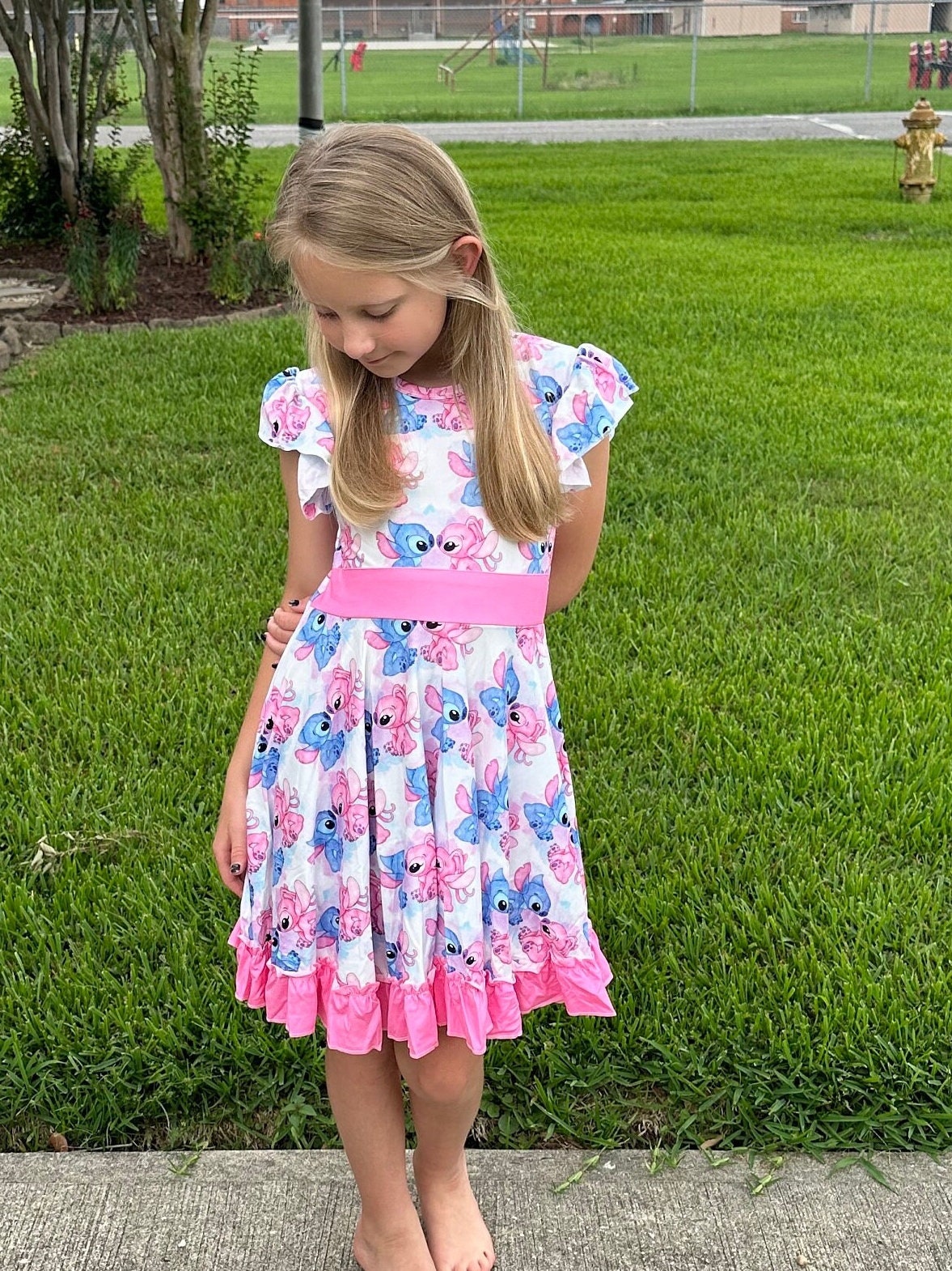 Blue and Pink Alien Bow Back Twirl Dress