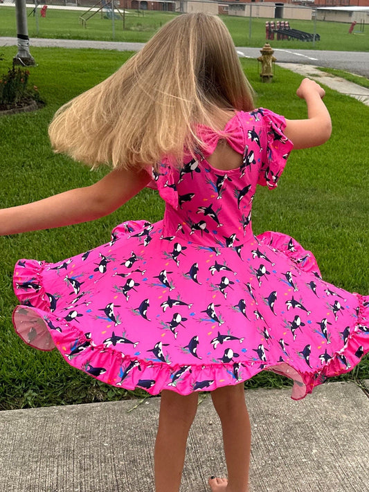 Pink Whales Bow Back Twirl Dress