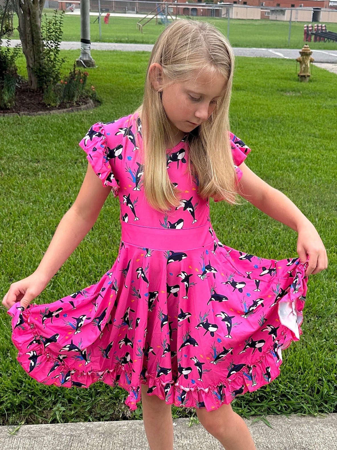 Pink Whales Bow Back Twirl Dress