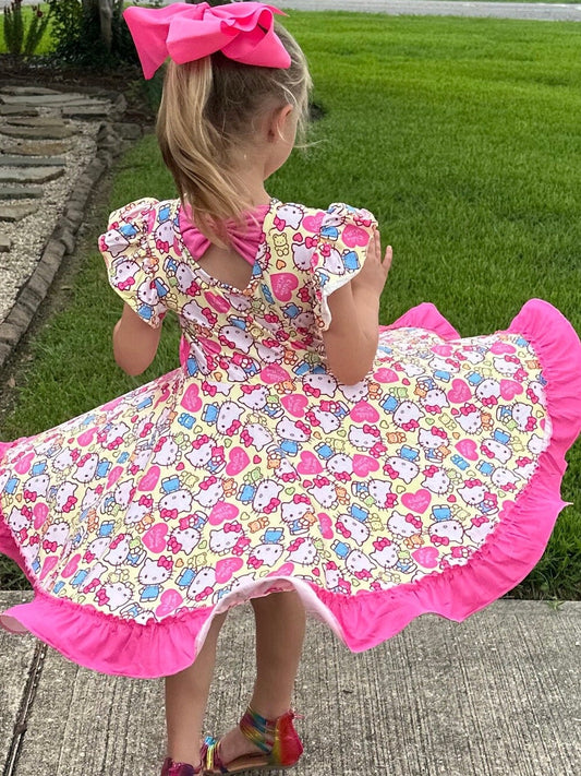 Kawaii Cat and Bear Bow Back Twirl Dress