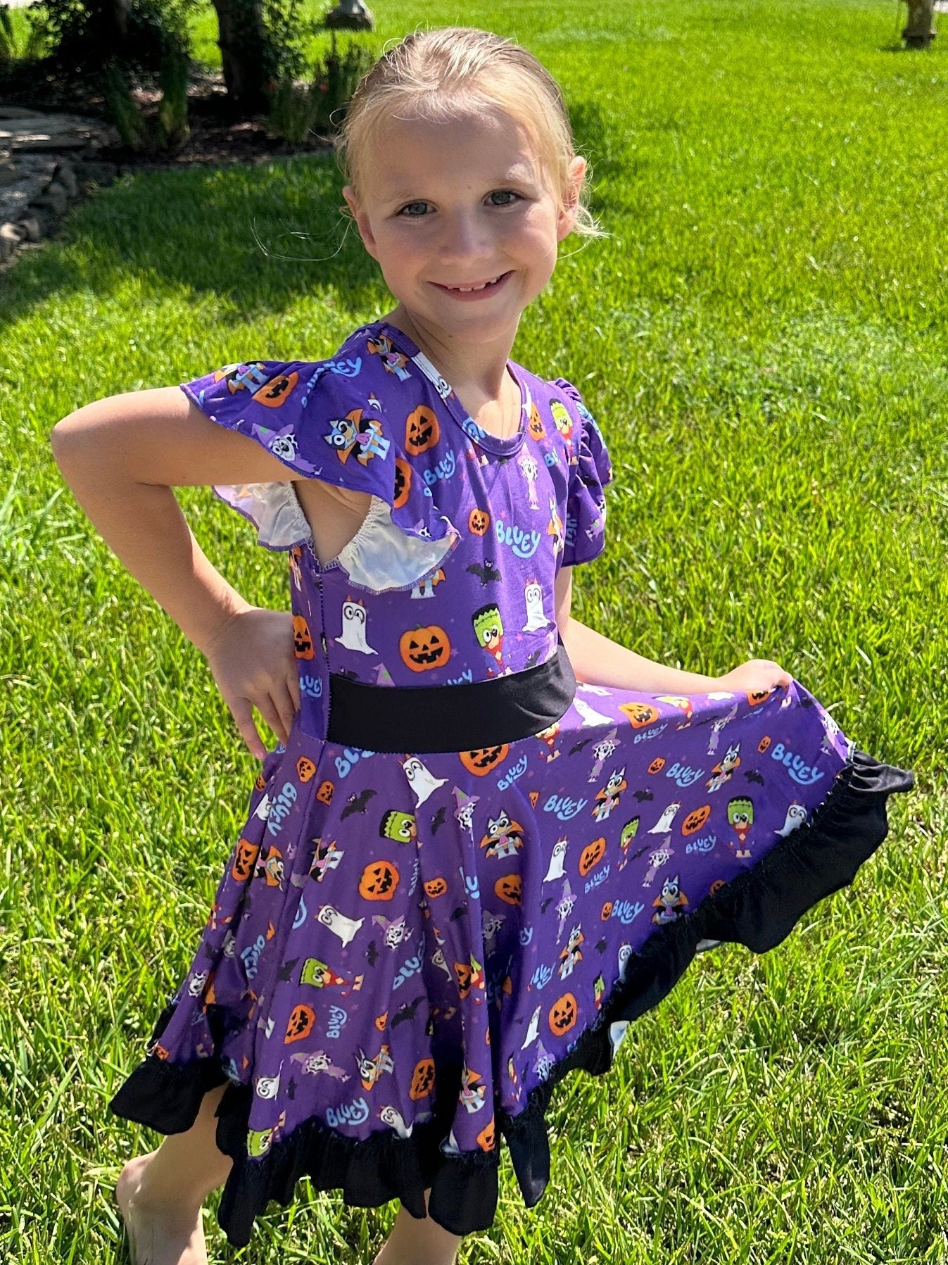 Blue dog Halloween Bow Back Twirl Dress
