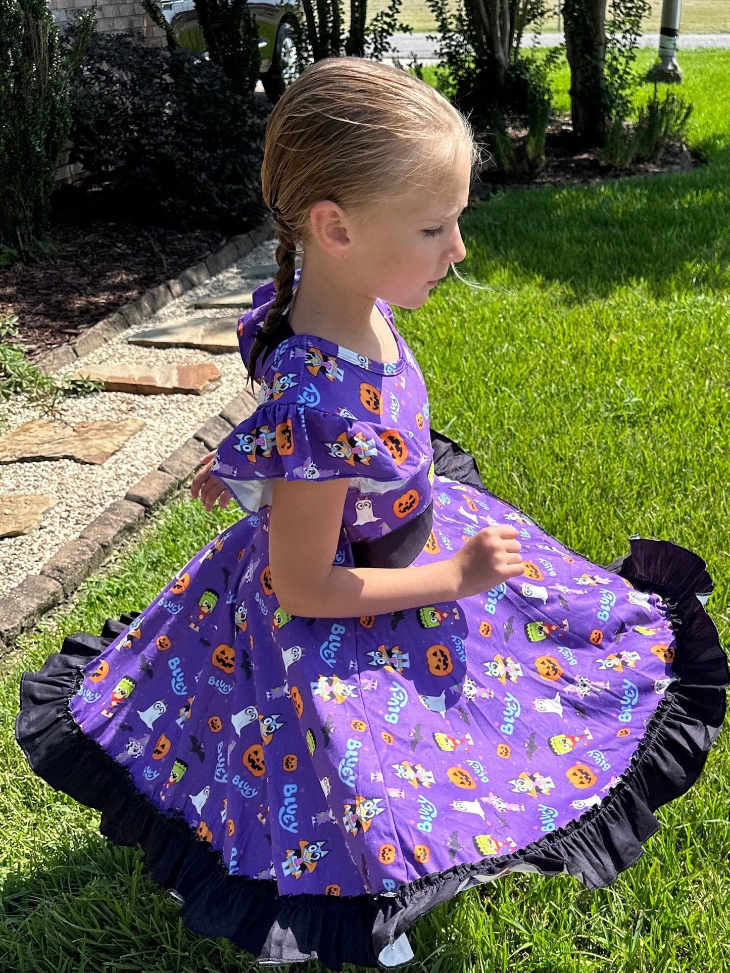 Blue dog Halloween Bow Back Twirl Dress