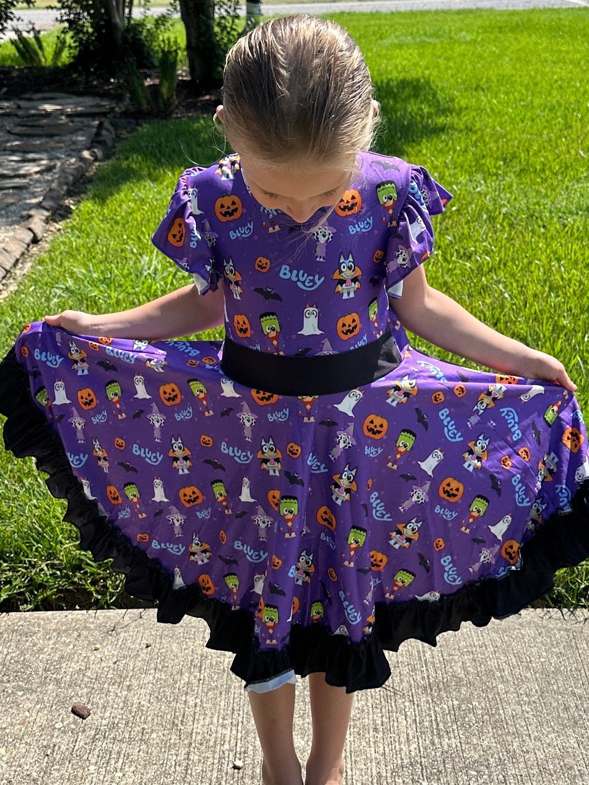 Blue dog Halloween Bow Back Twirl Dress