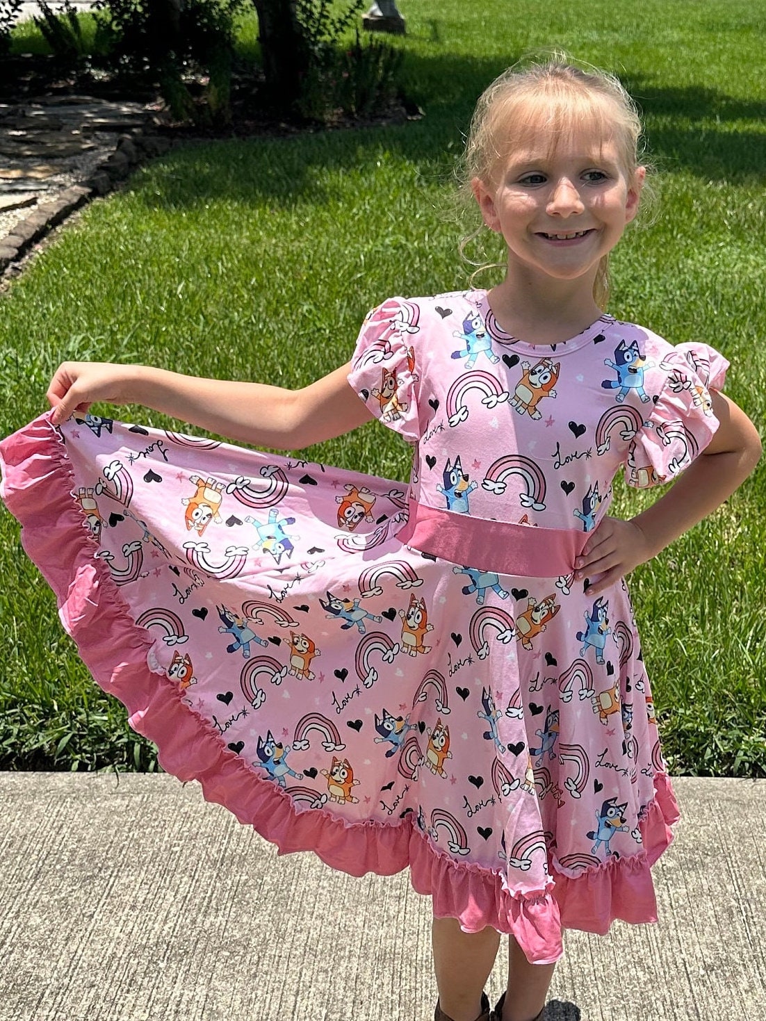 Pink Blue Dog and Rainbows Twirl dress with shorts