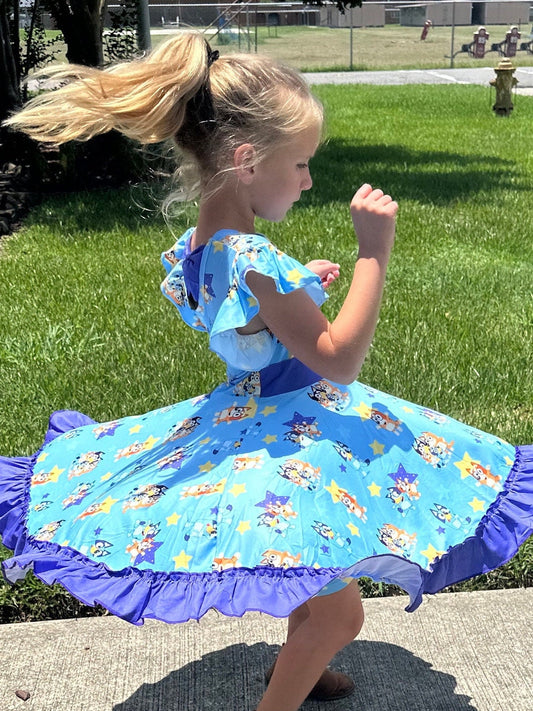 Blue dog and stars bow back twirl dress with shorts