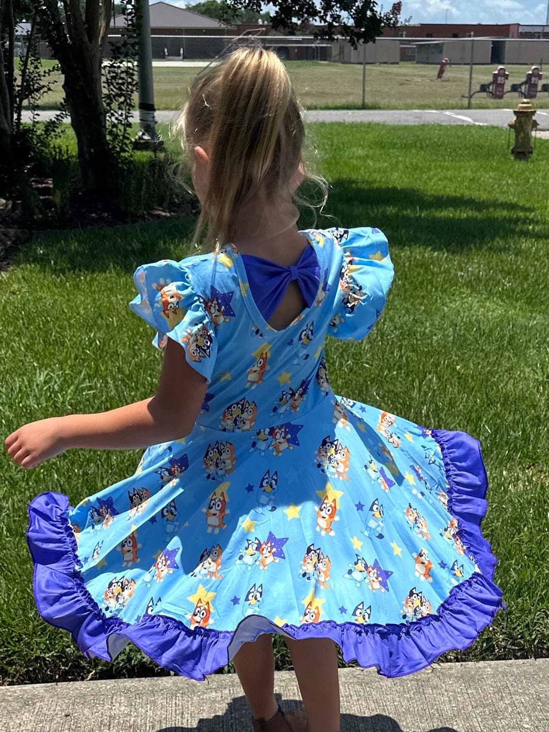 Blue dog and stars bow back twirl dress with shorts