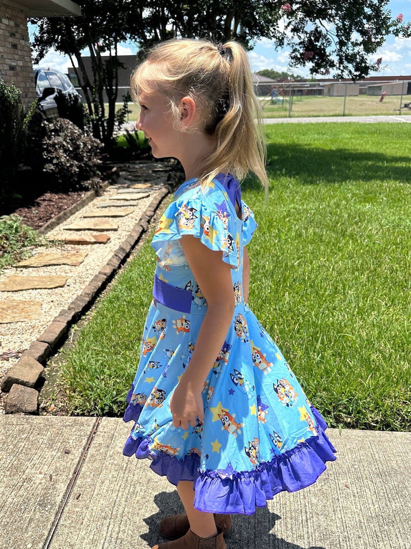 Blue dog and stars bow back twirl dress with shorts