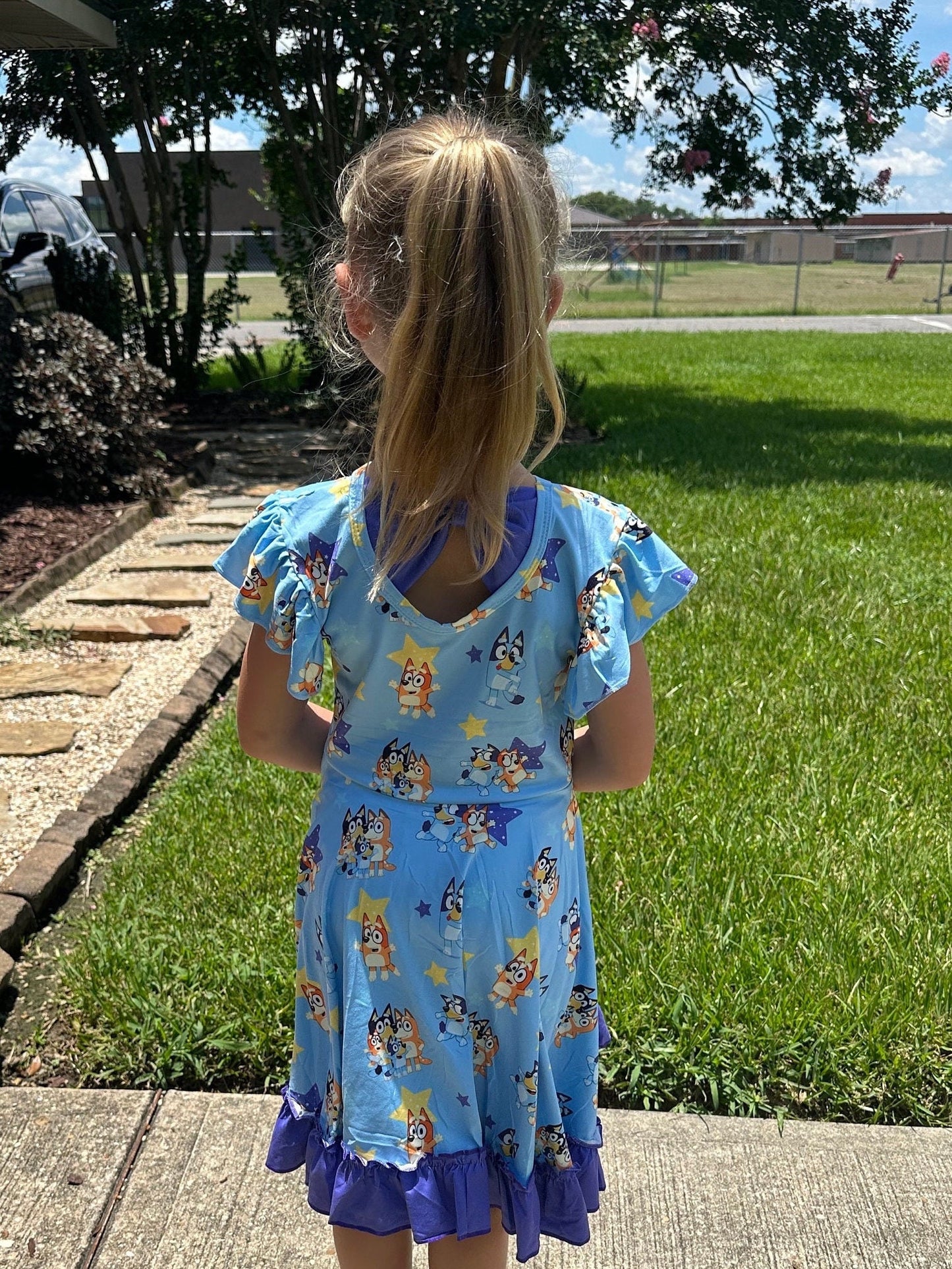 Blue dog and stars bow back twirl dress with shorts