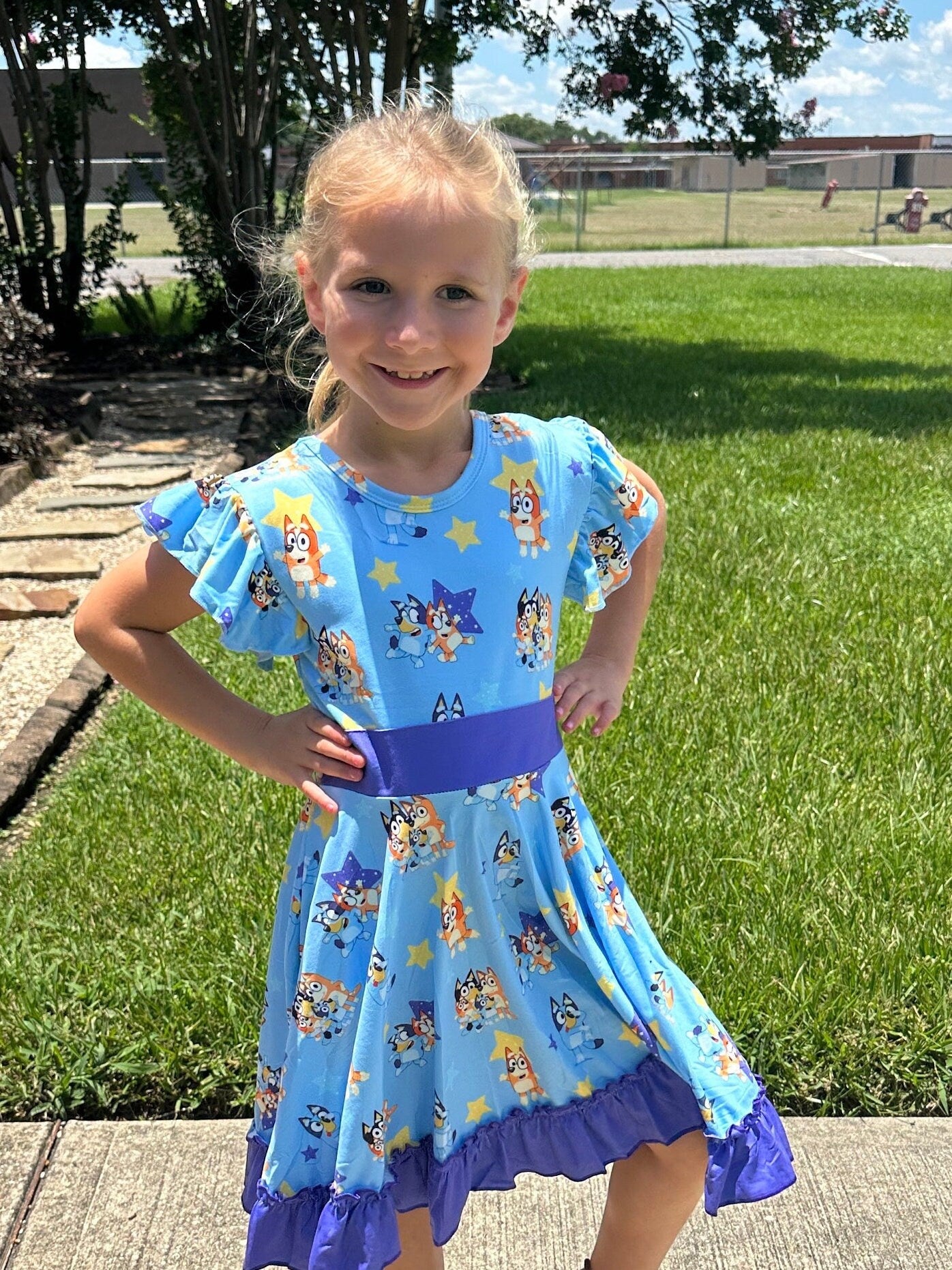 Blue dog and stars bow back twirl dress with shorts