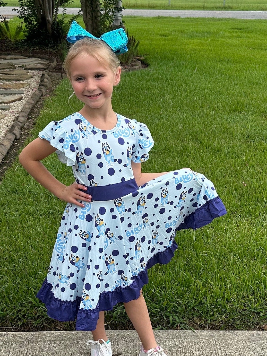Blue Dog Bow Back Twirl Dress With Shorts