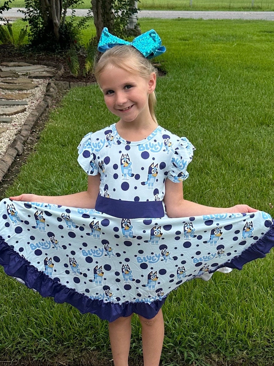 Blue Dog Bow Back Twirl Dress With Shorts