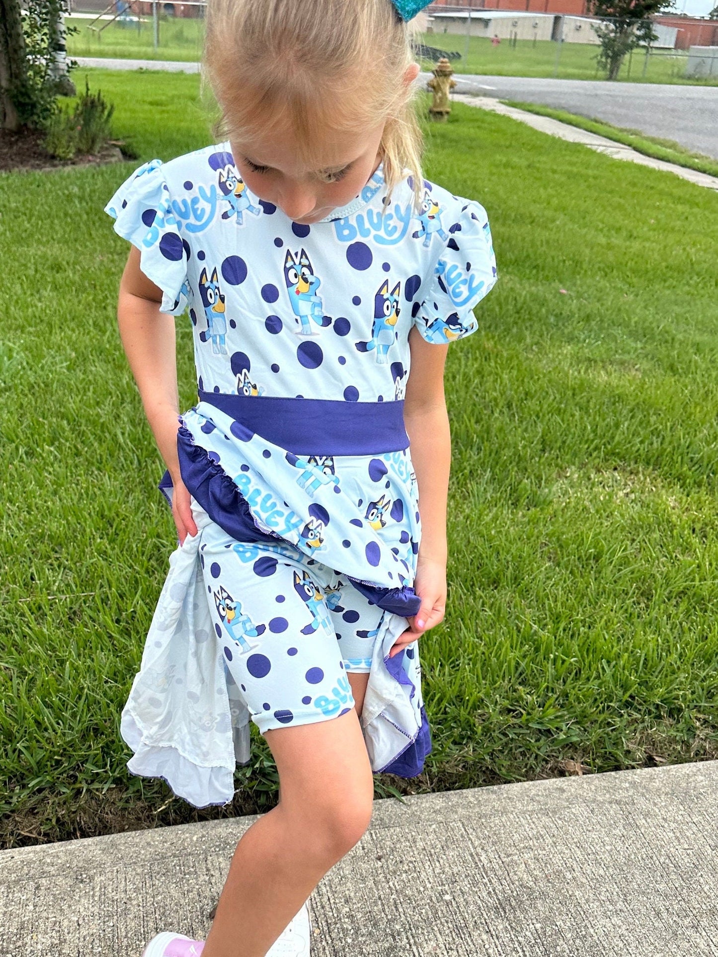 Blue Dog Bow Back Twirl Dress With Shorts