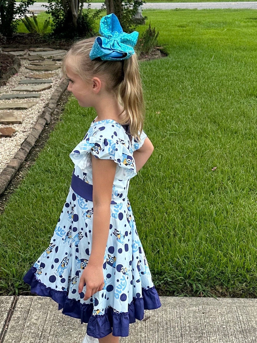 Blue Dog Bow Back Twirl Dress With Shorts