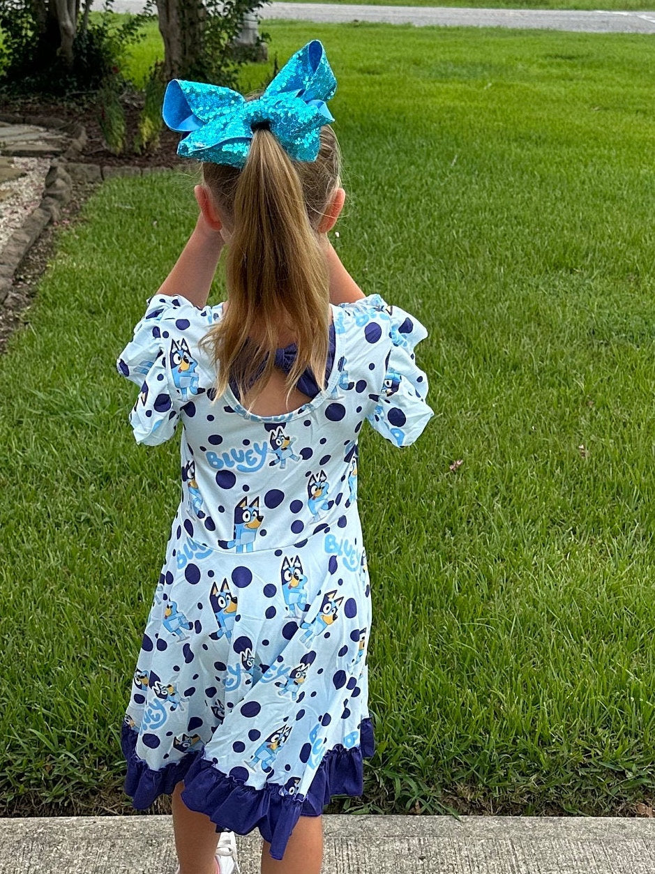 Blue Dog Bow Back Twirl Dress With Shorts