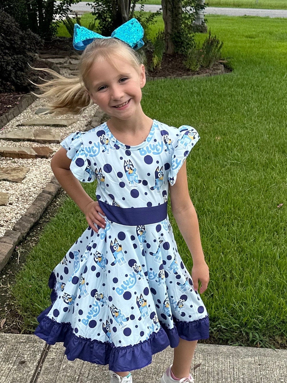 Blue Dog Bow Back Twirl Dress With Shorts