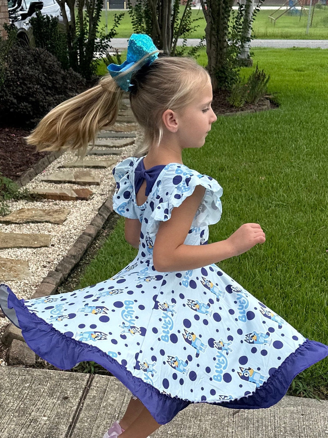 Blue Dog Bow Back Twirl Dress With Shorts