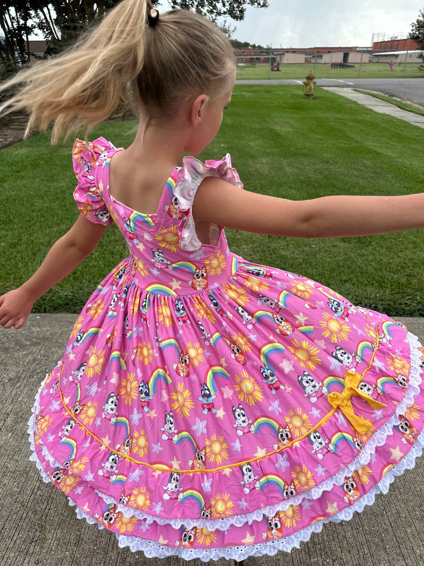 Ruffle and Lace Pink Blue Dog and Rainbows Twirl Dress