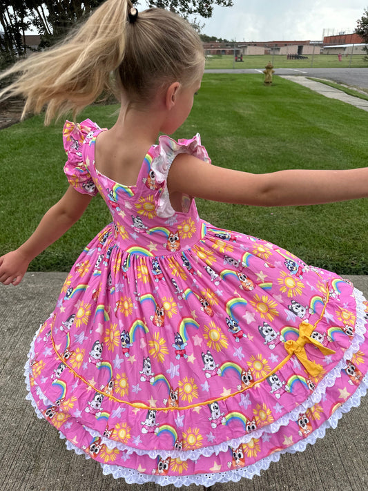 Ruffle and Lace Pink Blue Dog and Rainbows Twirl Dress