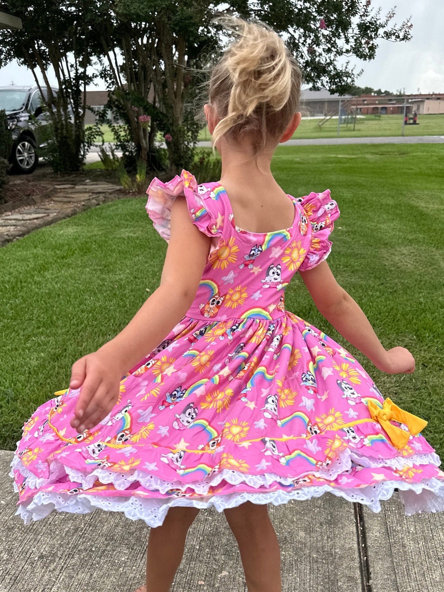 Ruffle and Lace Pink Blue Dog and Rainbows Twirl Dress